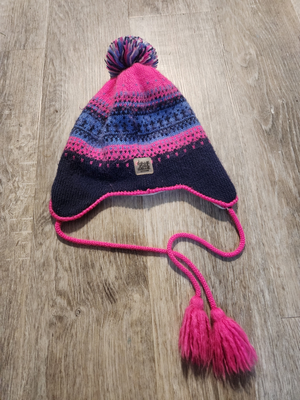 deux par deux Baby Girl Pink, Navy & Blue Earflap Pom Hat 6-12 months